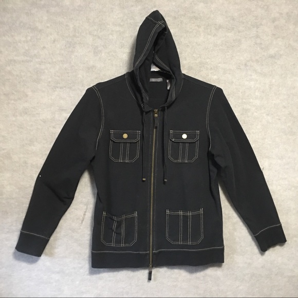 Hoodie Liz Claiborne Full 2 Way Zip Black Topstitched Patch pockets EUC LG - Picture 9 of 12